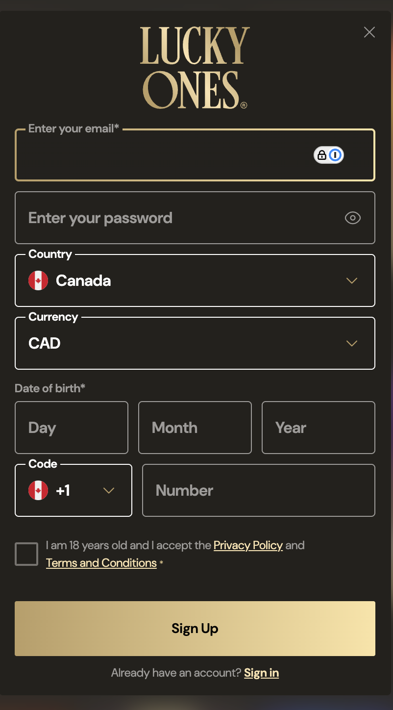Formulaire d'inscription de LuckyOnes Casino