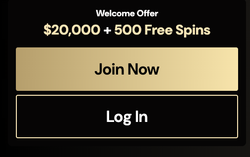 Widget d'offre de bienvenue mobile de LuckyOnes Casino avec les boutons Rejoindre et Se connecter